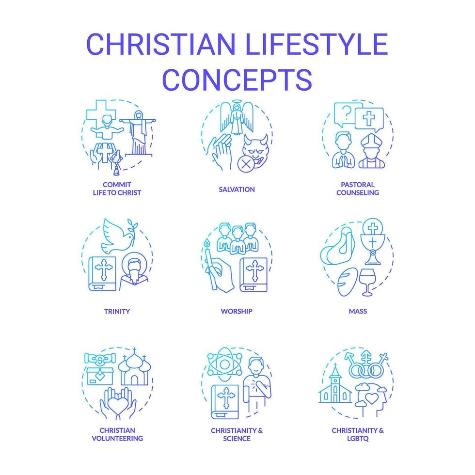 Christian lifestyle blue gradient concept icons set. Culture of faith and religion. Worship idea thin line color illustrations. Isolated symbols vector