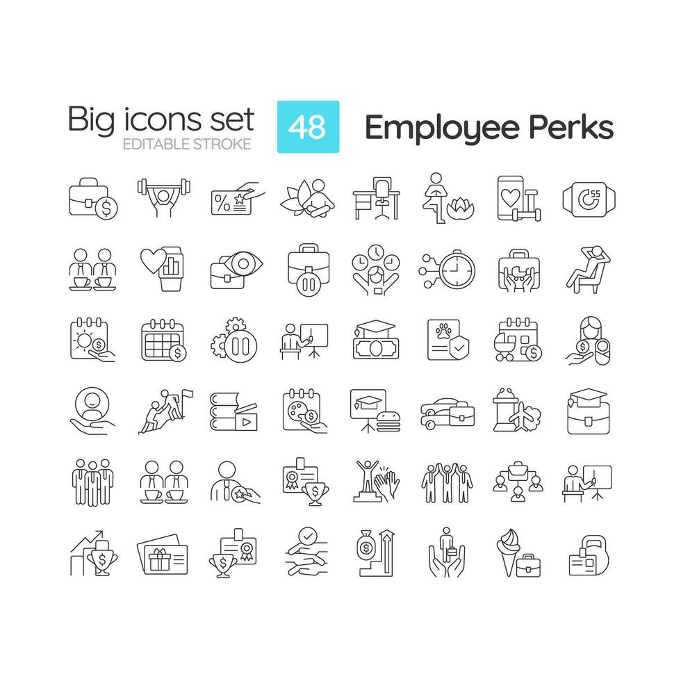 Employee perks linear icons set. Incentive program. Work environment. Increase productivity. Reward system. Customizable thin line symbols. Isolated vector outline illustrations. Editable stroke