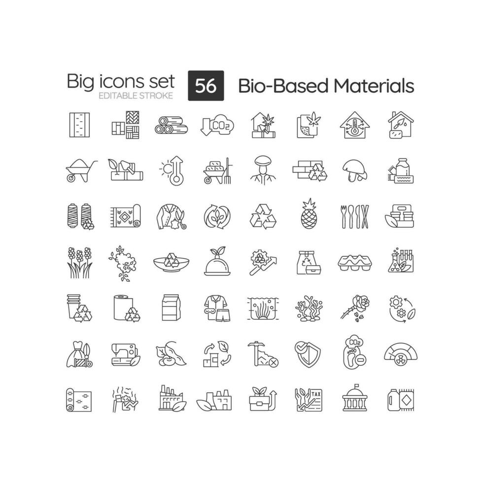 Bio based materials linear icons set. Biodegradable products. Zero waste. Environmentally friendly. Plastic free. Customizable thin line symbols. Isolated vector outline illustrations. Editable stroke
