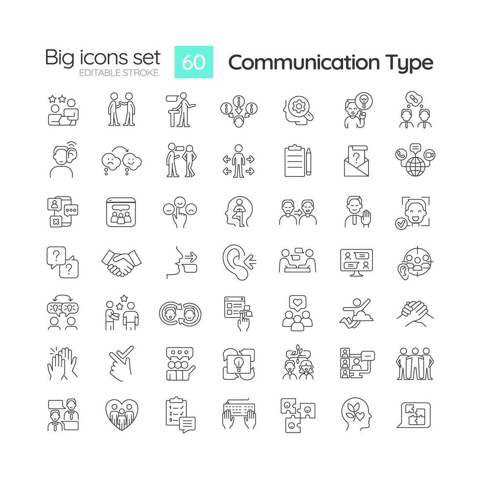 Communication type linear icons set. Social interaction. Project management. Information transmission. Customizable thin line symbols. Isolated vector outline illustrations. Editable stroke