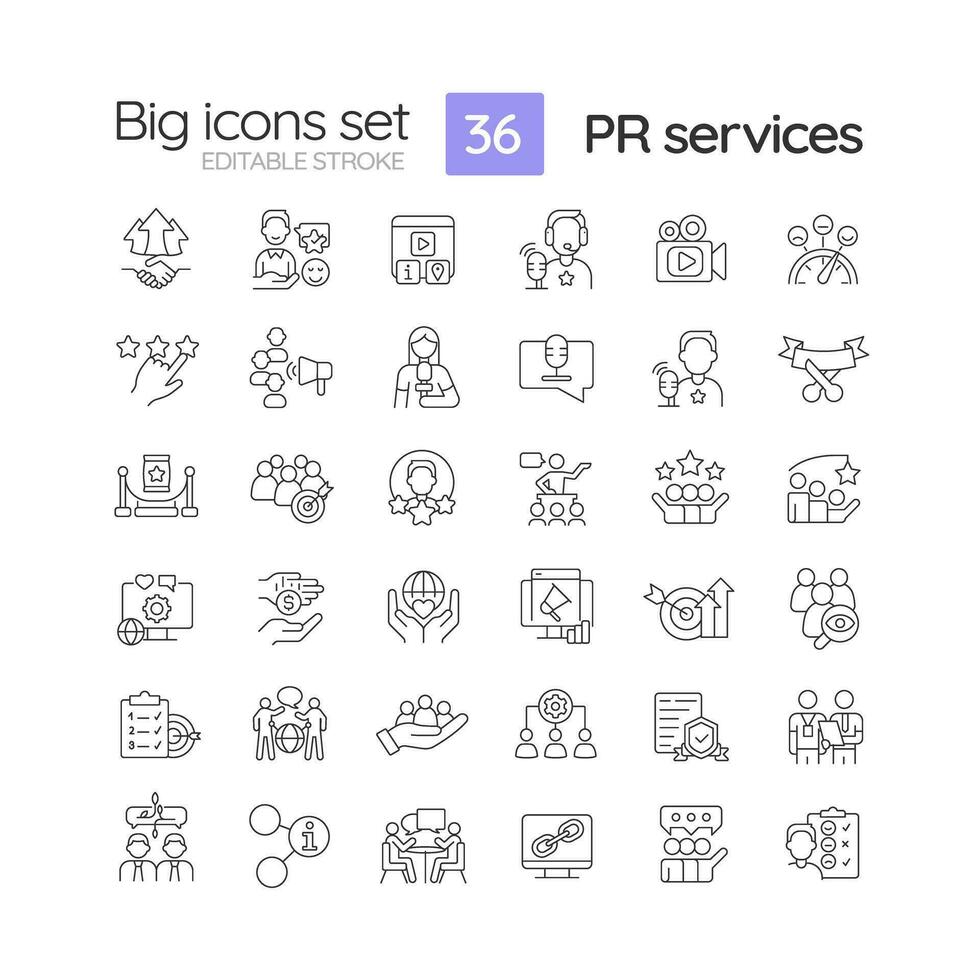PR services linear icons set. Public relations. Social media. Marketing agency. Effective communication. Customizable thin line symbols. Isolated vector outline illustrations. Editable stroke