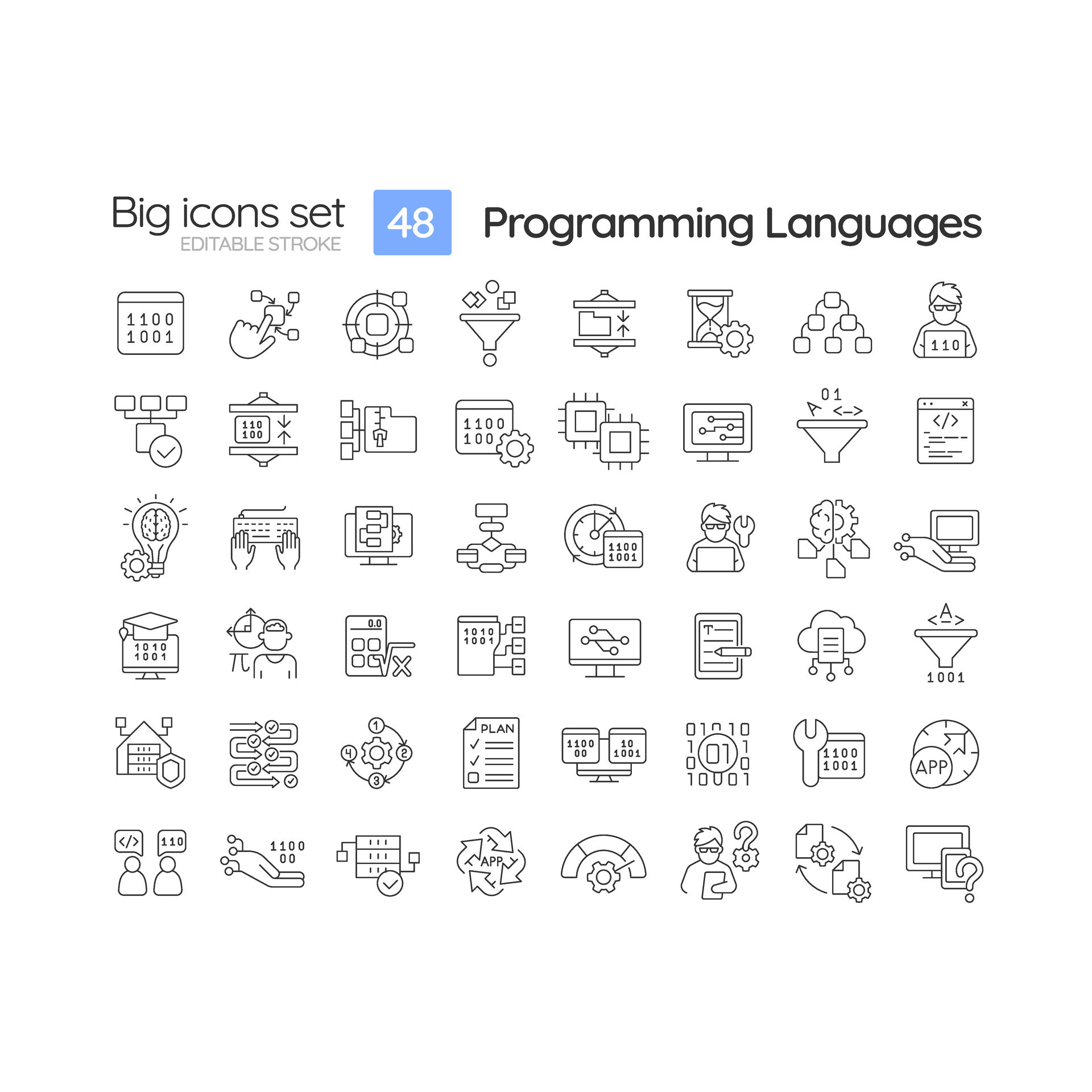 Programming languages linear icons set. Software development. Machine ...