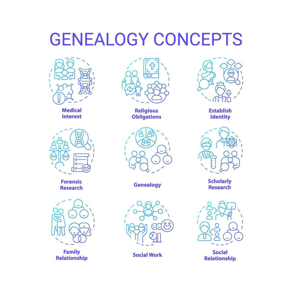 Genealogy blue gradient concept icons set. Family roots. Genetic disorders. Inheritance idea thin line color illustrations. Isolated symbols vector