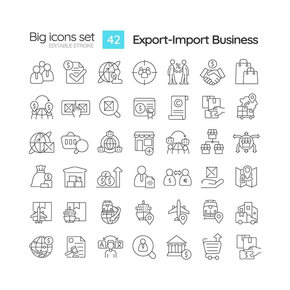 Export import business linear icons set. International trade. Global logistics. Air cargo. Freight forwarding. Customizable thin line symbols. Isolated vector outline illustrations. Editable stroke