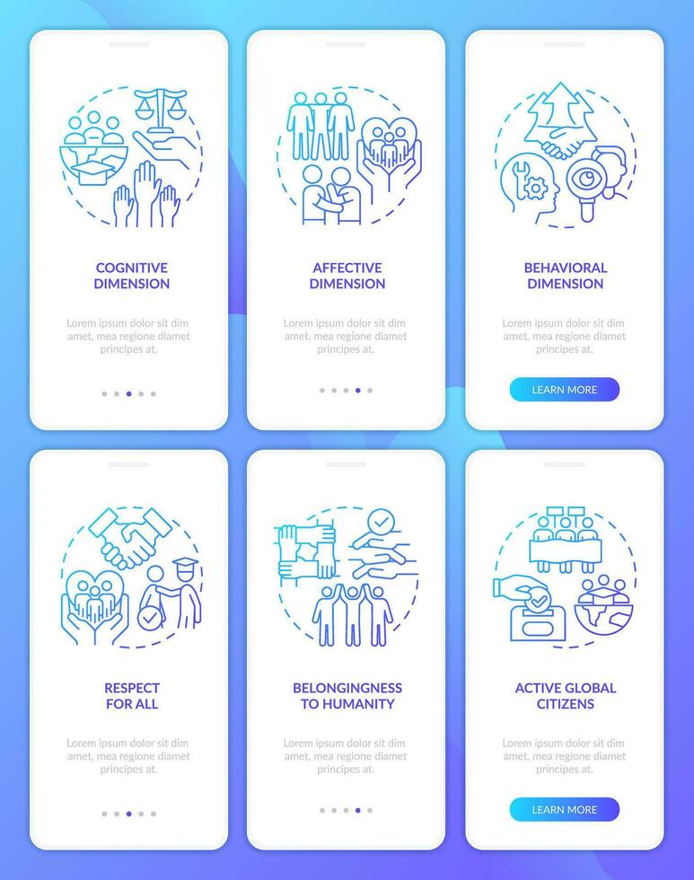 Global citizenship blue gradient onboarding mobile app screen set. GCED walkthrough 3 steps graphic instructions with linear concepts. UI, UX, GUI templated vector