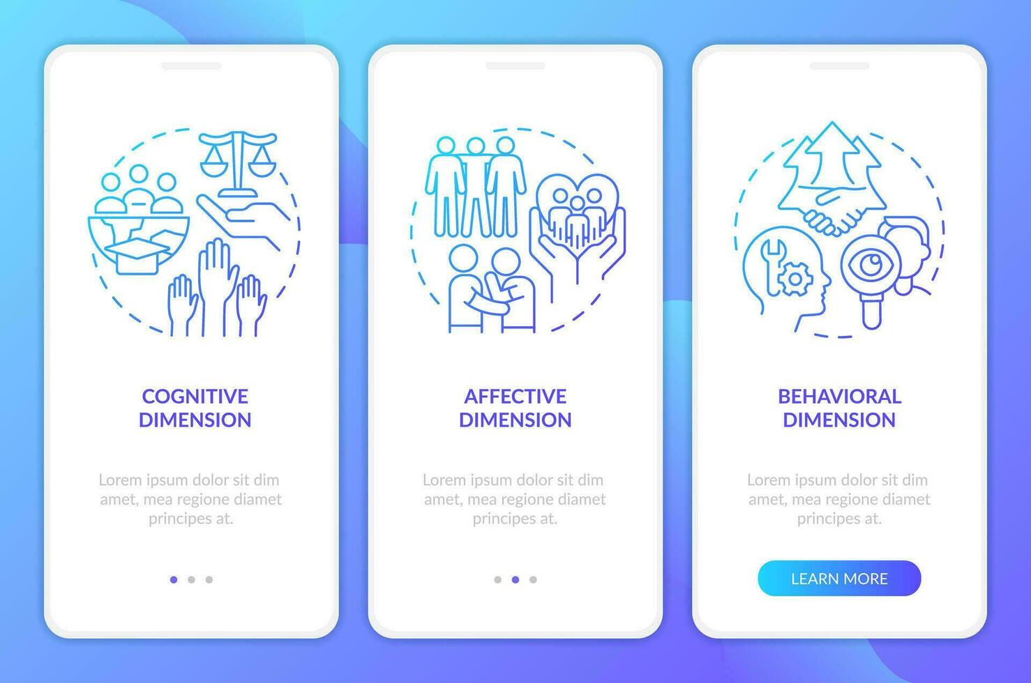 GCED conceptual aspects blue gradient onboarding mobile app screen. Walkthrough 3 steps graphic instructions with linear concepts. UI, UX, GUI templated vector