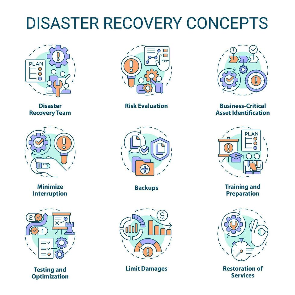 Disaster recovery concept icons set. Restore data. Reestablish system work idea thin line color illustrations. Isolated symbols. Editable stroke vector