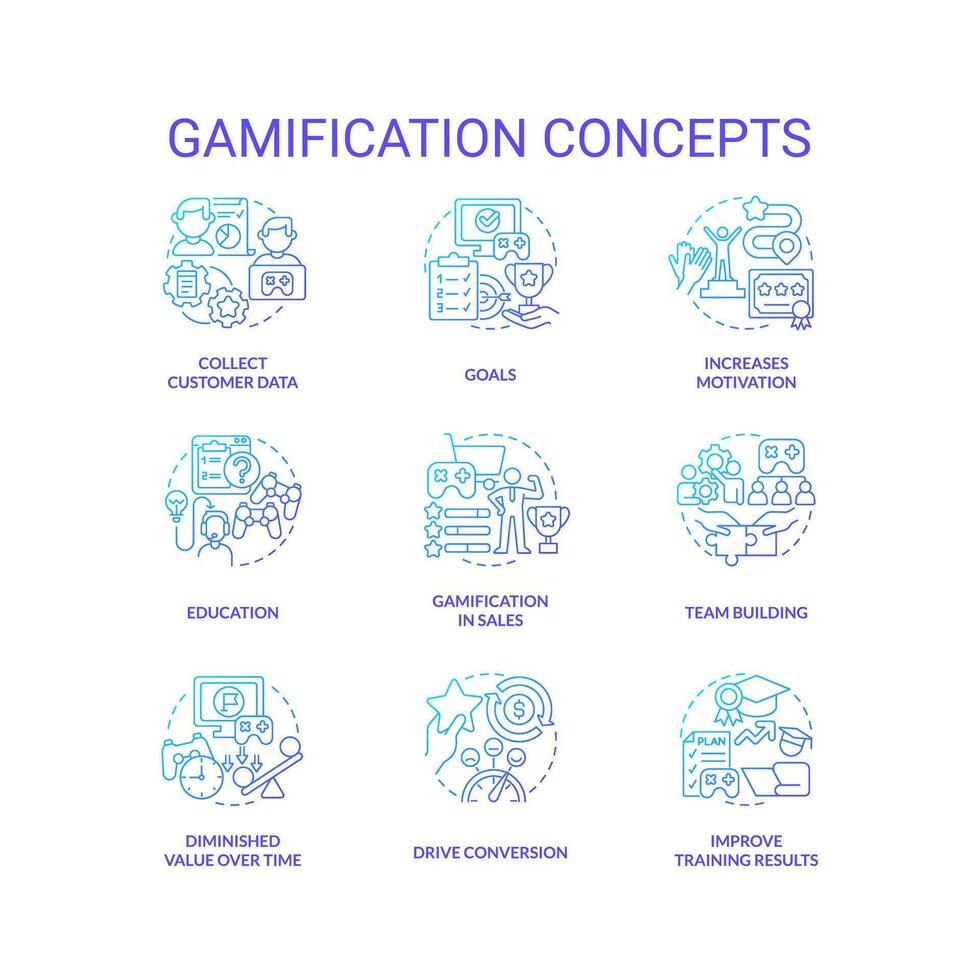 Gamification blue gradient concept icons set. Integration of play elements in non game contexts idea thin line color illustrations. Isolated symbols vector