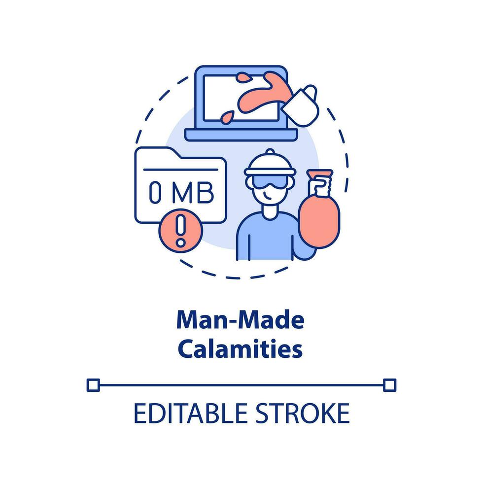 Man-made calamities concept icon. Accidental failures. Loss of data. Disaster type abstract idea thin line illustration. Isolated outline drawing. Editable stroke vector