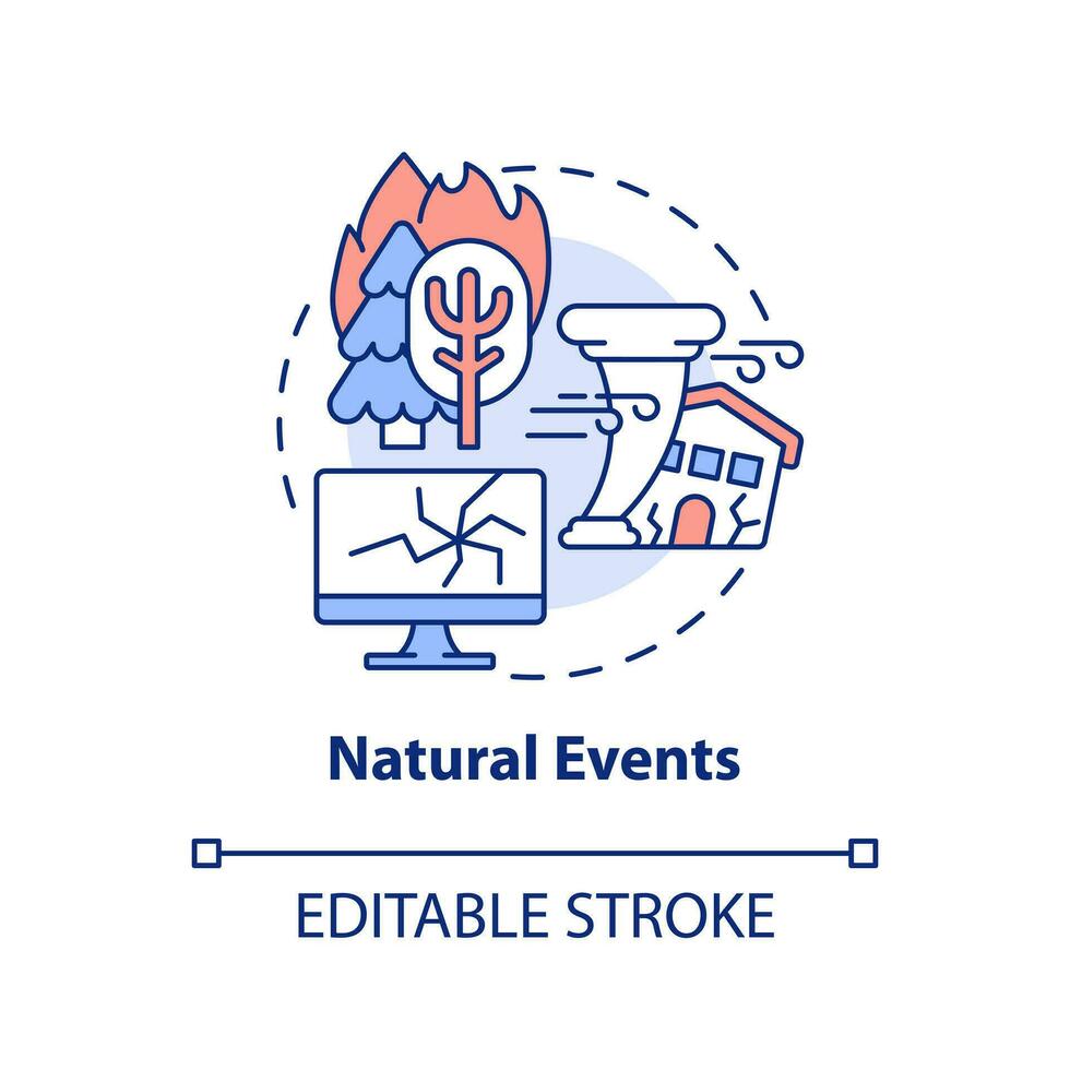 Natural events concept icon. Tornadoes and wildfire. Recovery. Disaster type abstract idea thin line illustration. Isolated outline drawing. Editable stroke vector