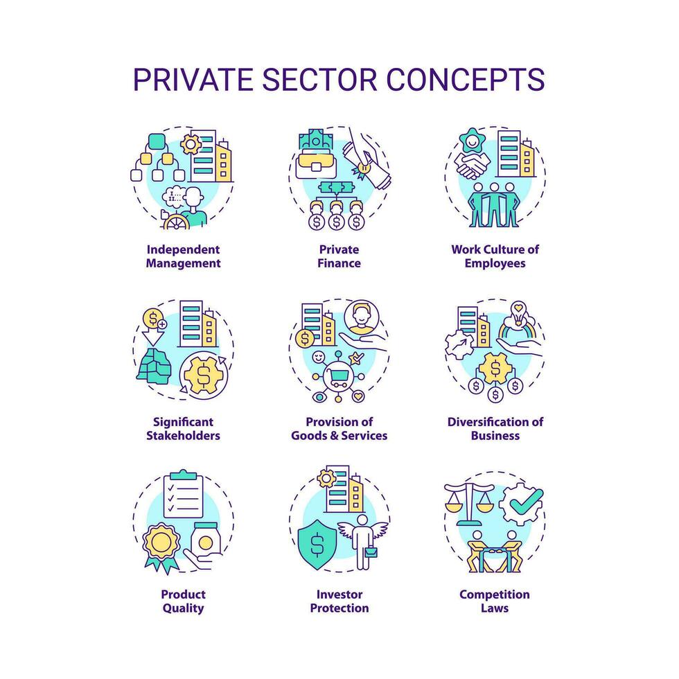 privado sector concepto íconos colocar. negocio y propiedad propiedad. ciencias económicas industria idea Delgado línea color ilustraciones. aislado simbolos editable carrera vector