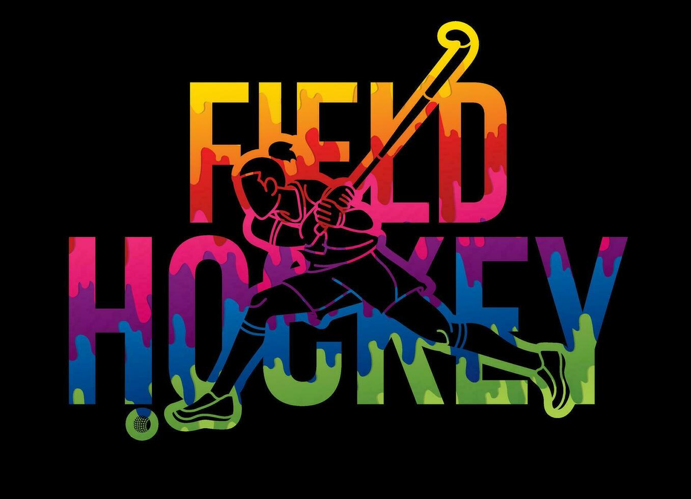 Field Hockey Text Designed with Female Player Cartoon Sport Graphic Vector