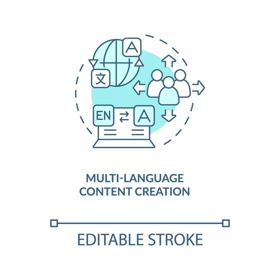 Multi-language content creation turquoise concept icon. Translated versions abstract idea thin line illustration. Isolated outline drawing. Editable stroke vector