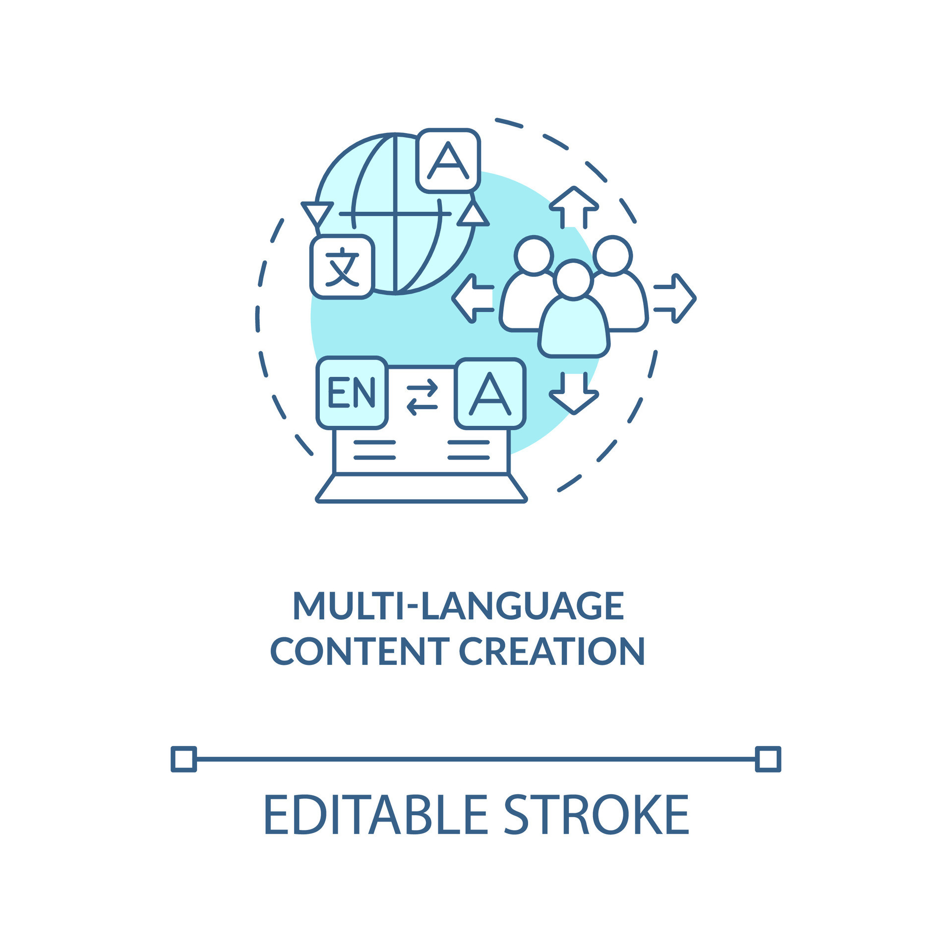 Multi-language content creation turquoise concept icon. Translated ...