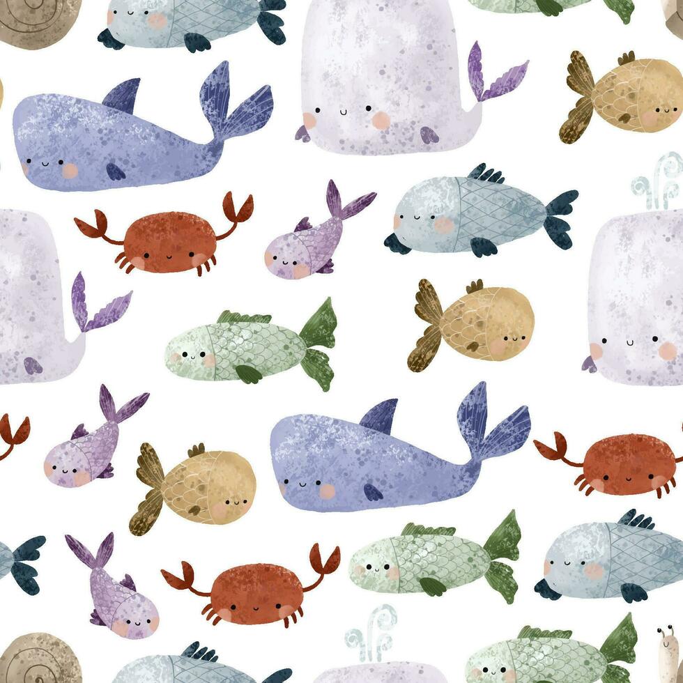 nautical seamless pattern with underwater life. Fishes and other animals. Under sea, deep water. Childish simple design vector