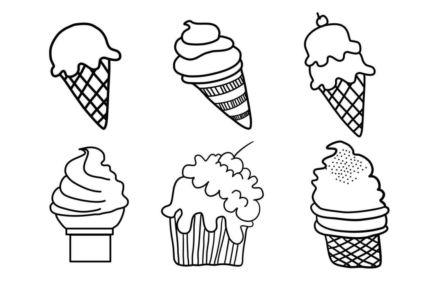 Hand drawn ice cream set linear illustration isolated on white background. Set of vector seamless patterns with ice cream