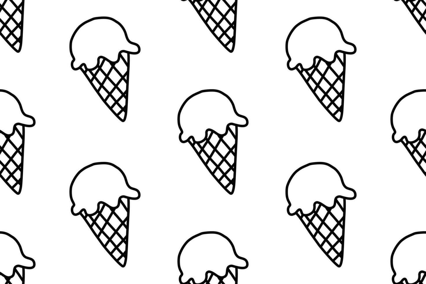 Hand drawn ice cream set linear illustration isolated on white background. Set of vector seamless patterns with ice cream