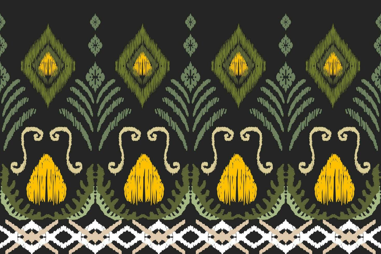 Abstract ikat art seamless pattern  On black background Aztec geometric art design for rugs, wallpapers, clothes, wraps, fabrics, covers, textiles vector