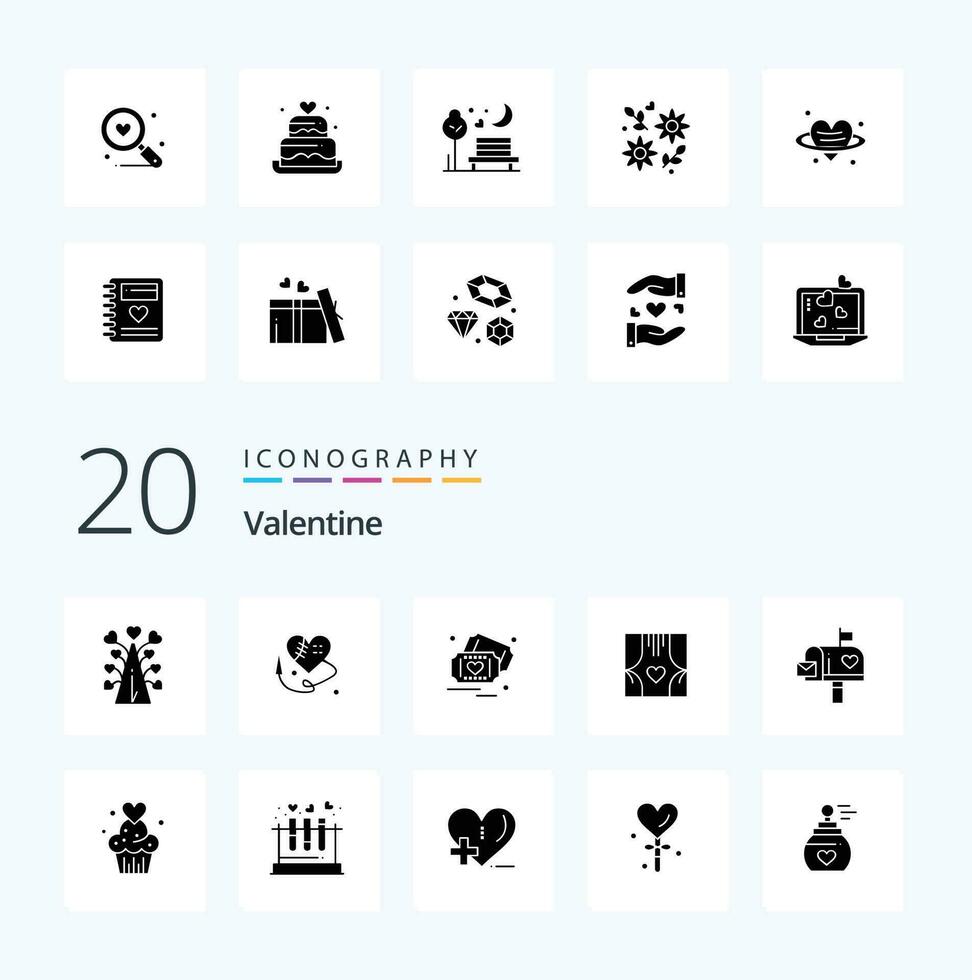 20 Valentine Solid Glyph icon Pack like love valentines day valentine heartm heart vector