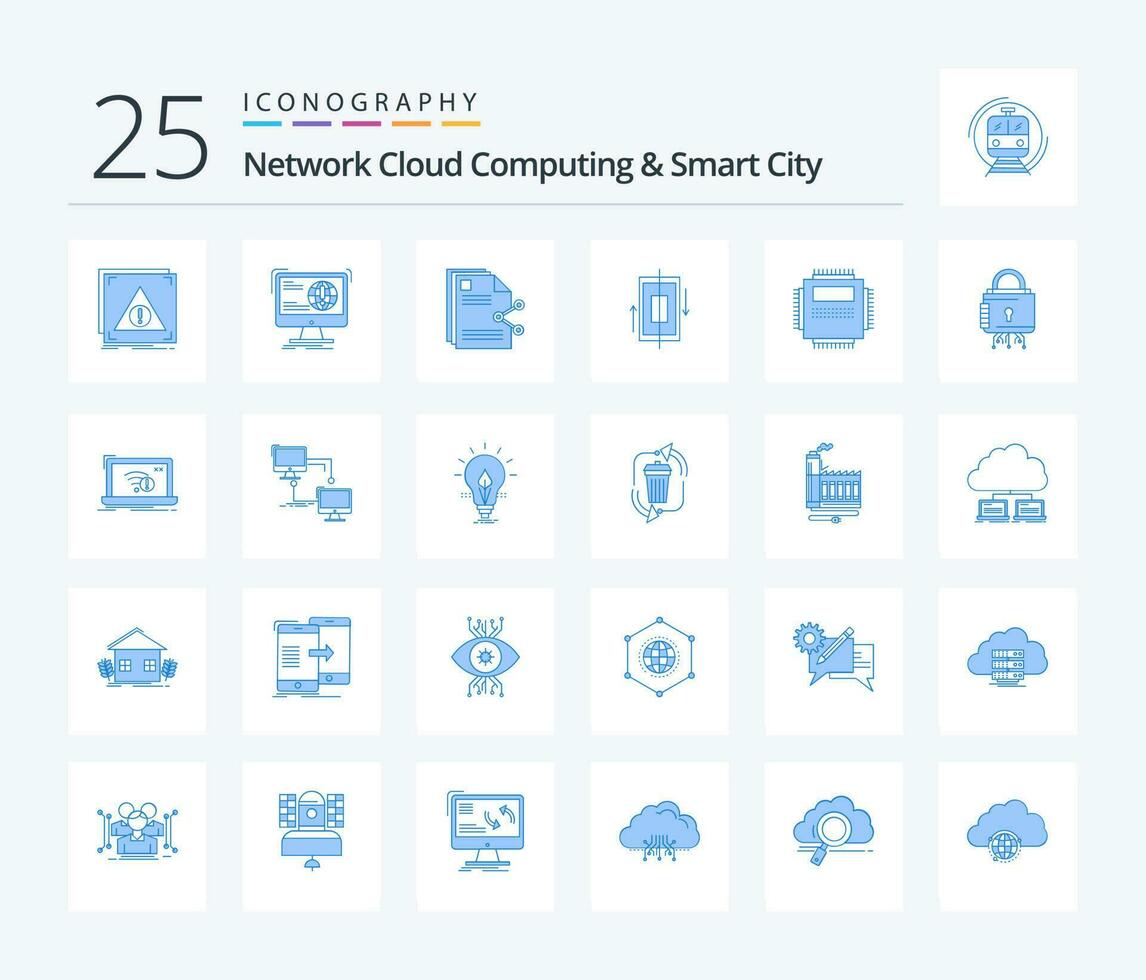 Network Cloud Computing And Smart City 25 Blue Color icon pack including data. sync. website. document. sharing vector