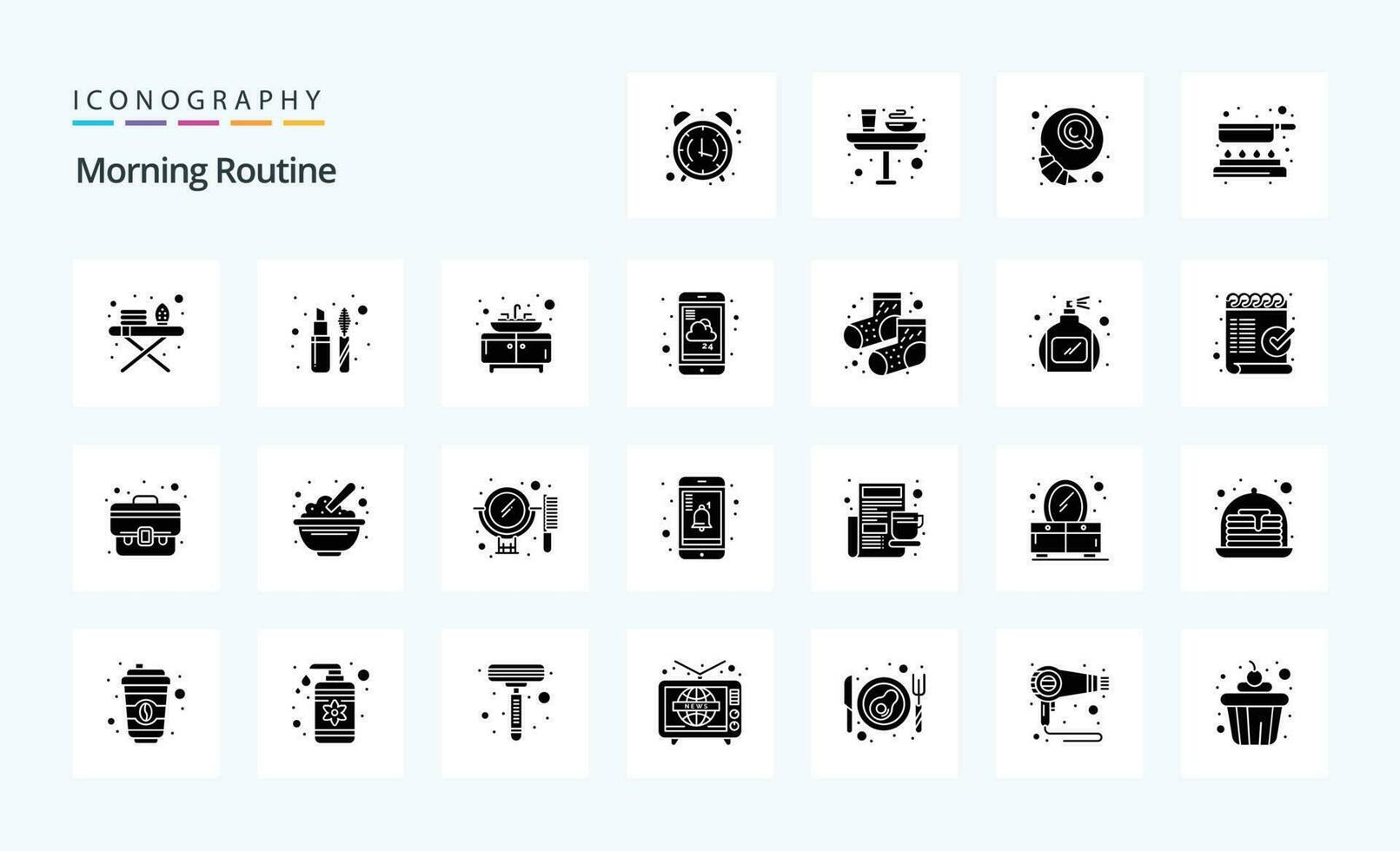 25 Morning Routine Solid Glyph icon pack vector