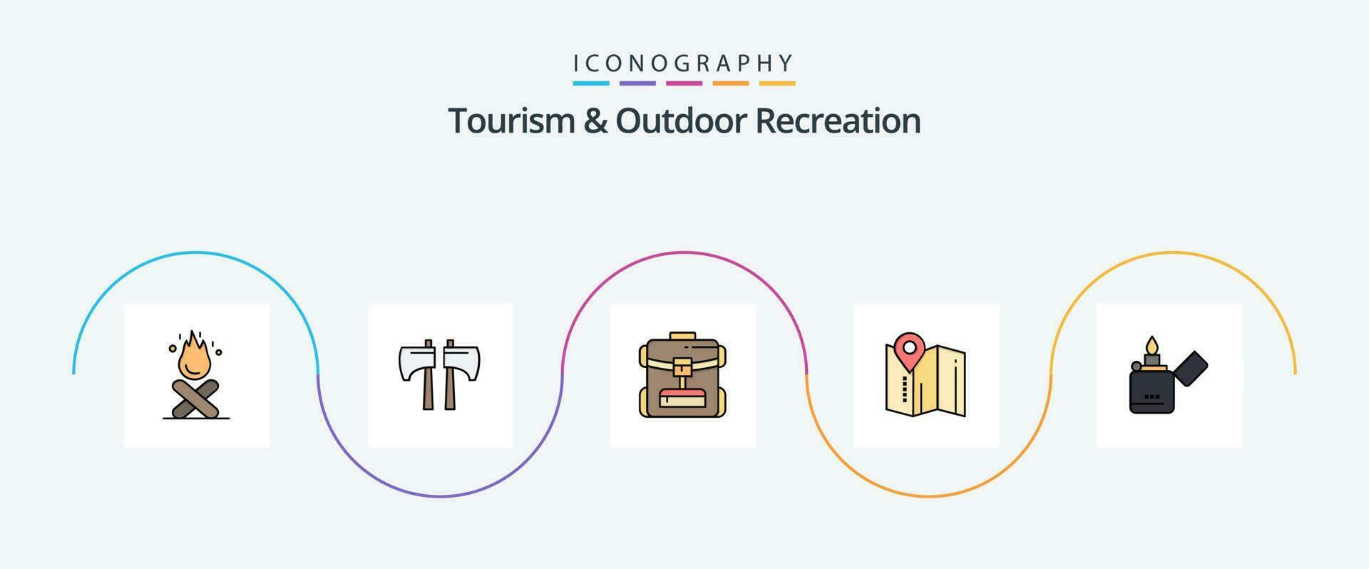turismo y al aire libre recreación línea lleno plano 5 5 icono paquete incluso encendedor. hotel. bolso . alfiler. ubicación vector