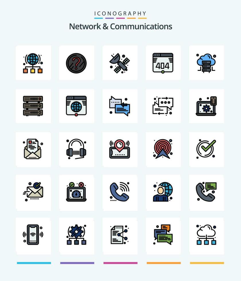 Creative Network And Communications 25 Line FIlled icon pack  Such As hosting. web. solution. error. science vector