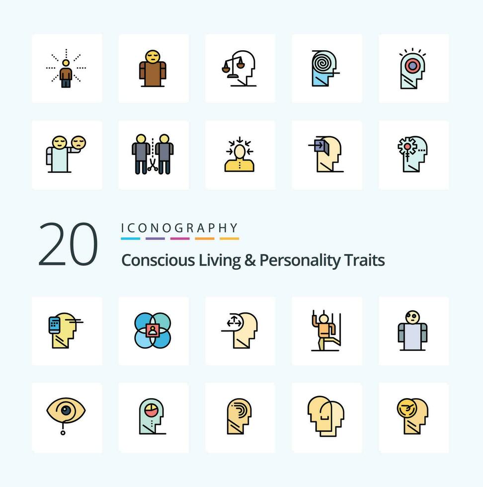 20 Concious Living And Personality Traits Line Filled Color icon Pack like manipulate control model command man vector