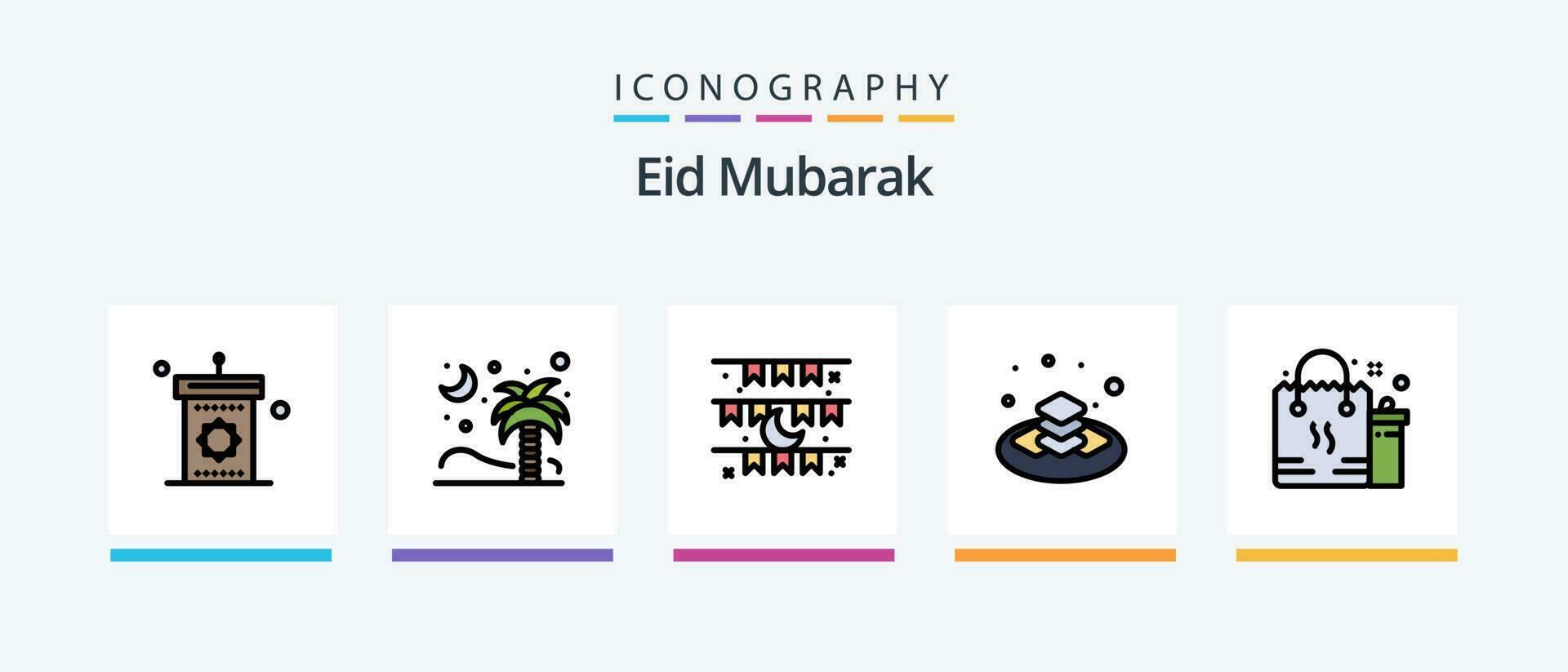 eid Mubarak línea lleno 5 5 icono paquete incluso media luna mezquita. mubarak. islámico. corazón. creativo íconos diseño vector