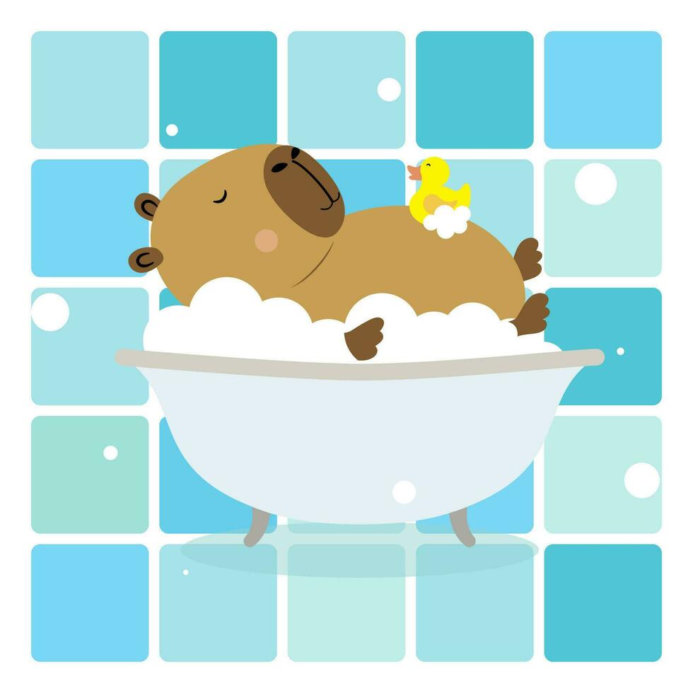 Cute Capybara in a the bath. Funny animal character takes a bath. Capybara swims with a yellow duck vector