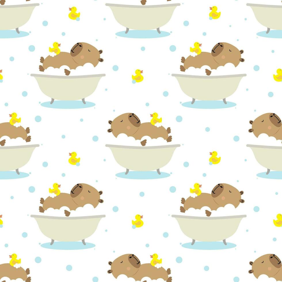 Cute Capybara in a the bath. Capybara swims with a yellow duck. Cute seamless pattern vector