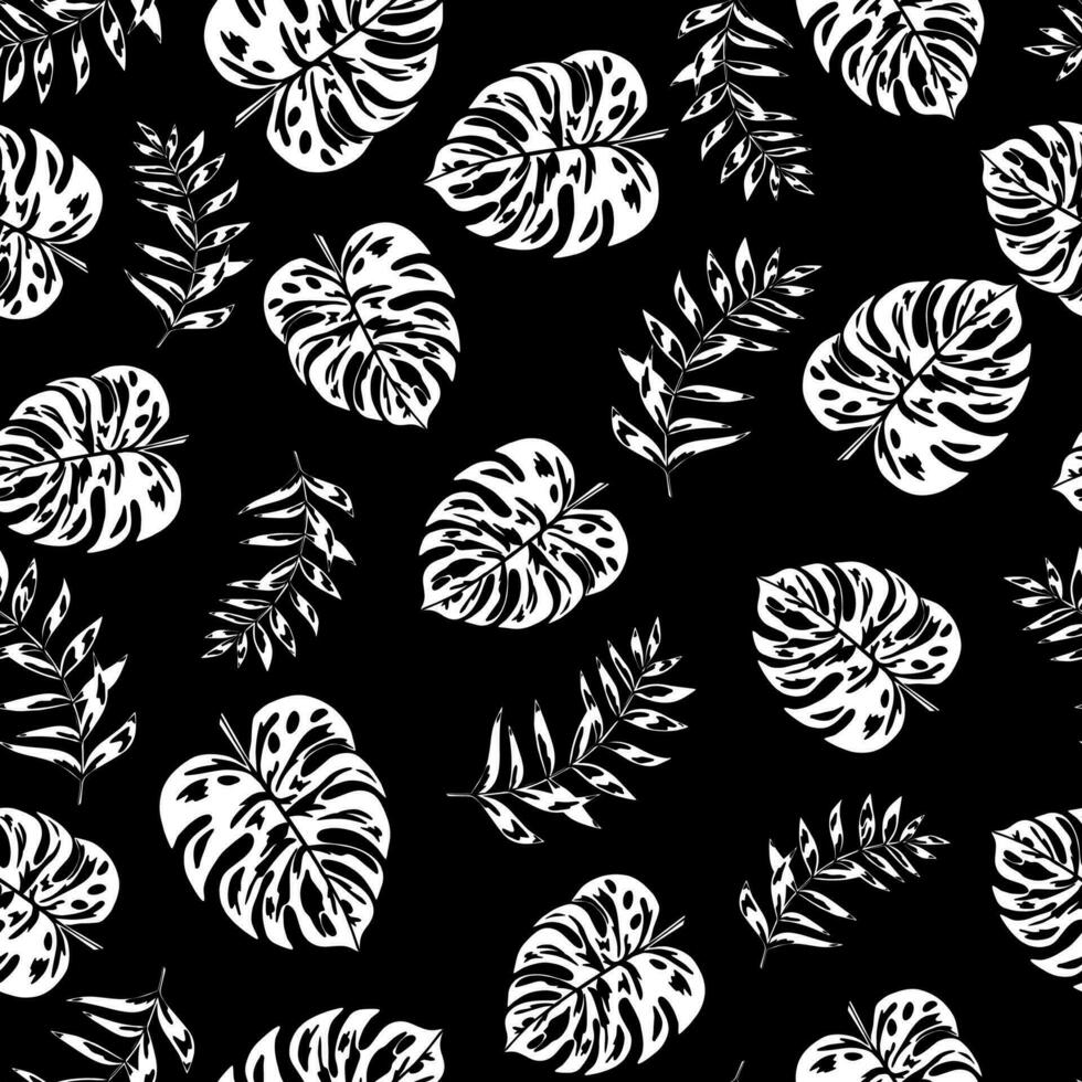 floral exótico sin costura patrón, monstera hojas en negro antecedentes. de moda verano impresión. vector