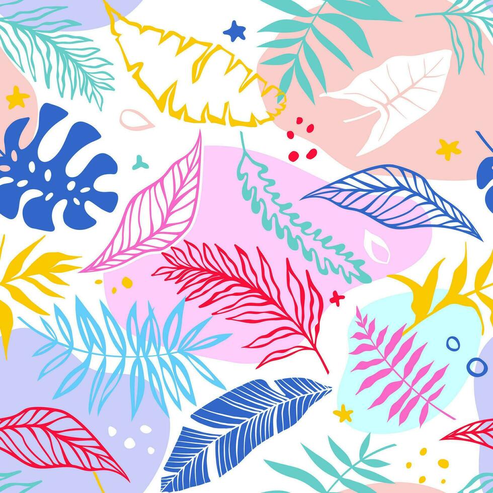 sin costura antecedentes con selva plantas. palma hojas. floral exótico hawaiano fondo de pantalla. verano tropical hoja. vector