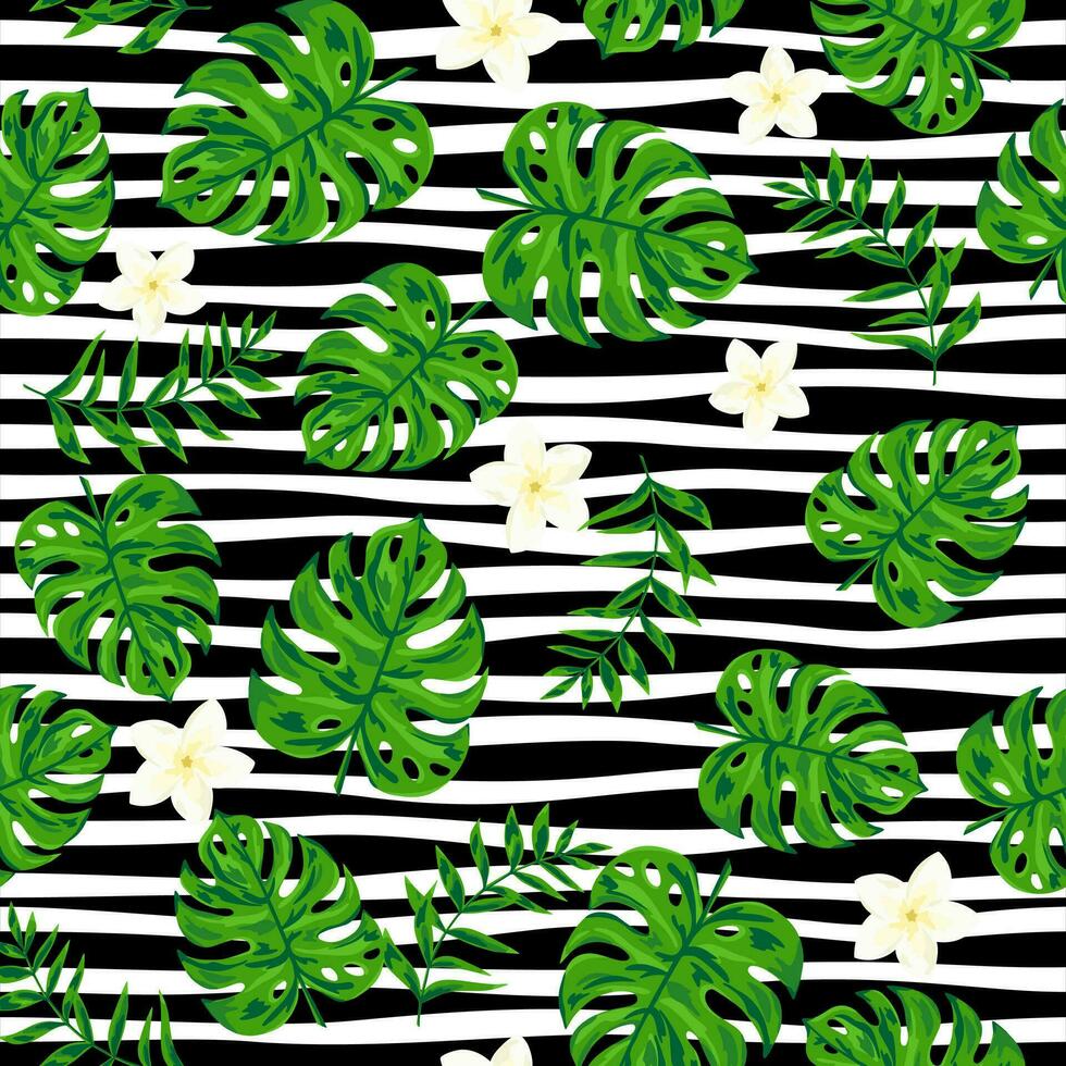 Bright tropical seamless pattern with exotic leaves and flowers. Summer pattern on striped background vector