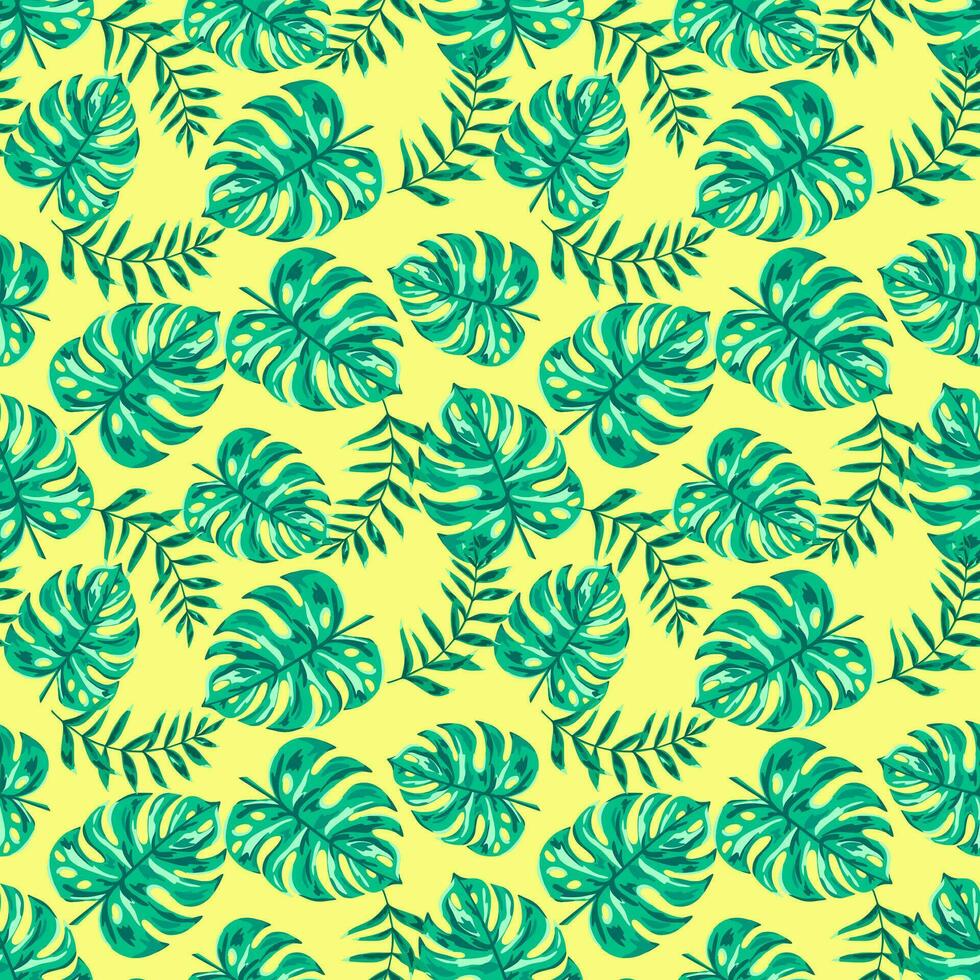 brillante tropical sin costura modelo con selva plantas. exótico antecedentes con palma hojas. vector