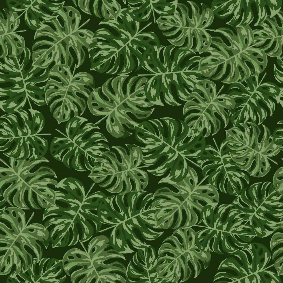 Seamless camouflage tropical pattern with tropical plants. Exotic camo background with monstera leaves. vector