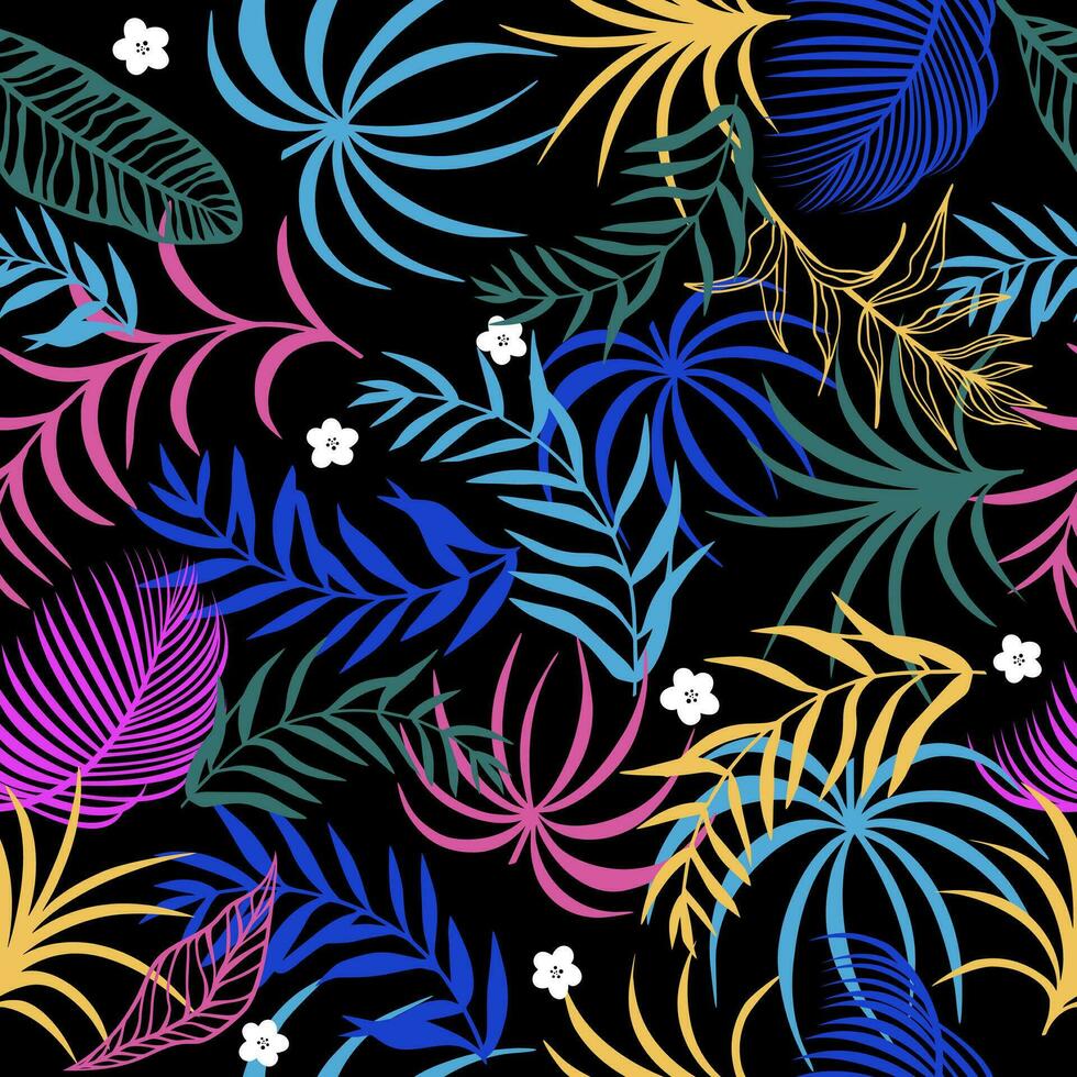 Tropical seamless pattern with exotic palm leaves and flowers. Vector illustration.