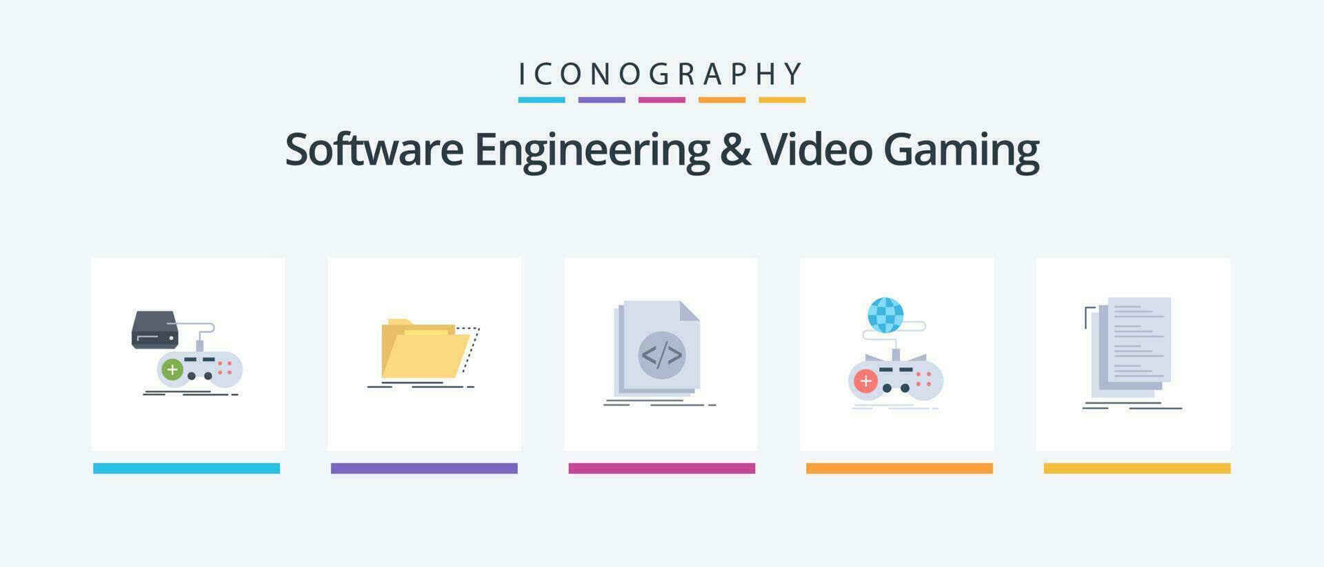 Software Engineering And Video Gaming Flat 5 Icon Pack Including internet. game. files. script. file. Creative Icons Design vector