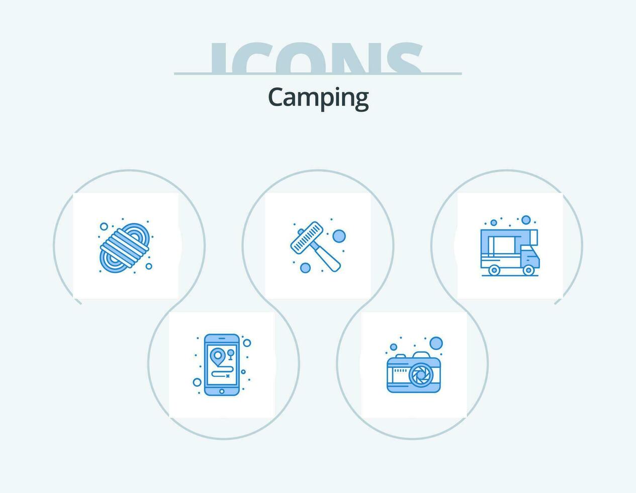 Camping Blue Icon Pack 5 Icon Design. . caravan. para cord. camping. meat vector