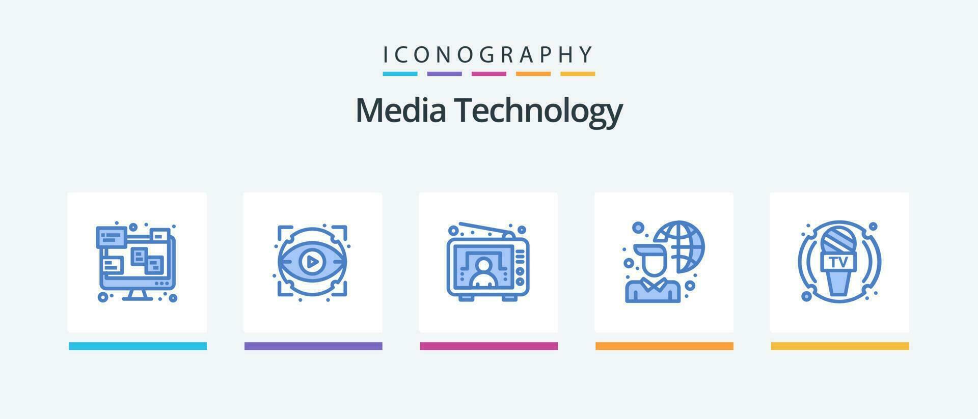Media Technology Blue 5 Icon Pack Including journalist. network. entertainment. laptop. internet. Creative Icons Design vector