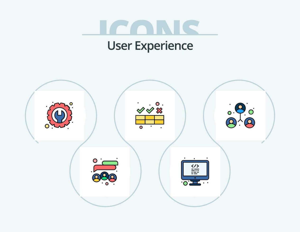 usuario experiencia línea lleno icono paquete 5 5 icono diseño. ideas usuario. charlar. pruebas. diseño vector