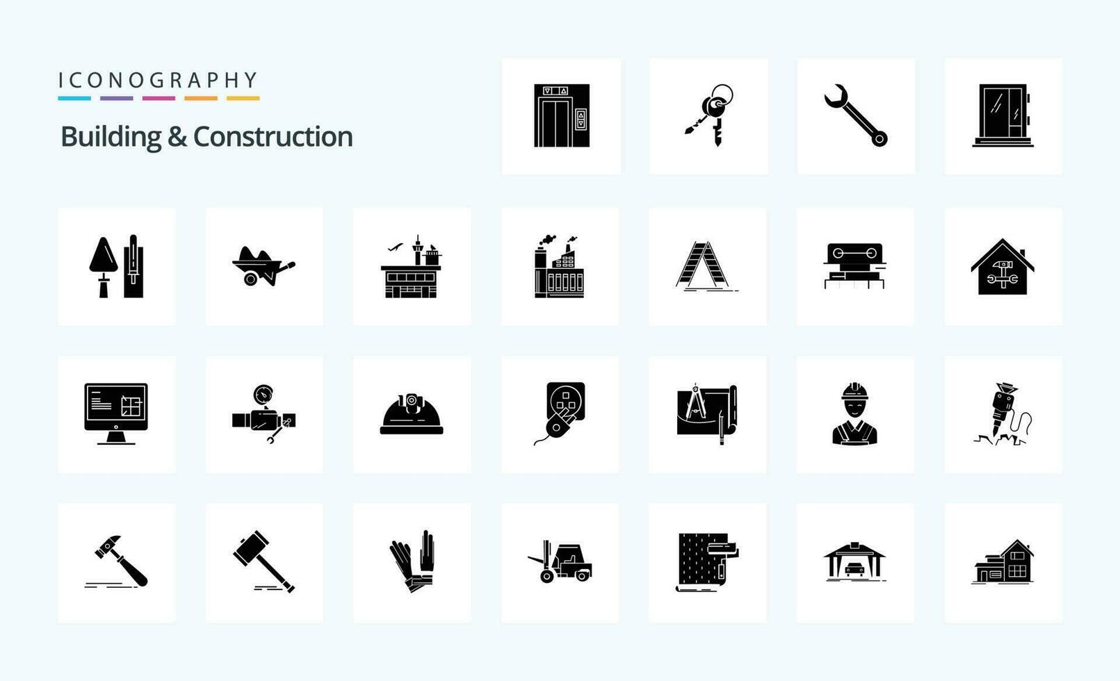 25 Building And Construction Solid Glyph icon pack vector