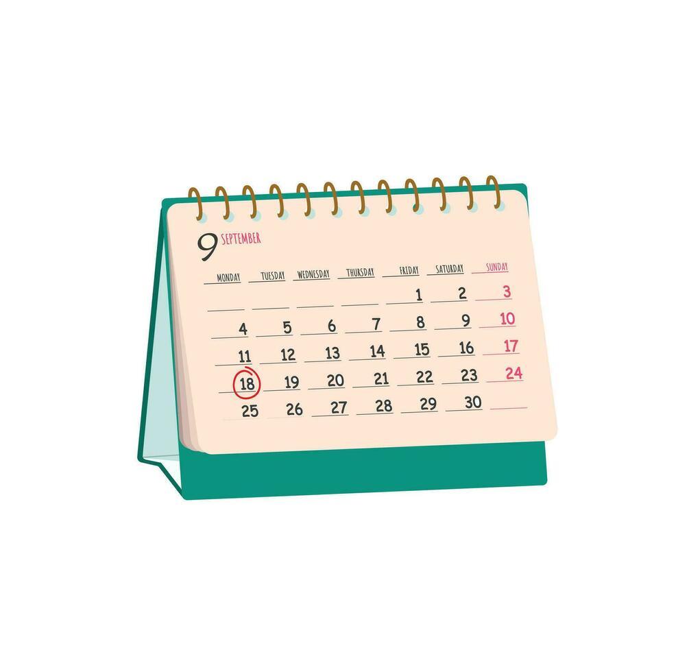 Calendar flat color illustration vector isolated on white background. School and office supply illustration. Element for Back to school, office concept. Stationery.