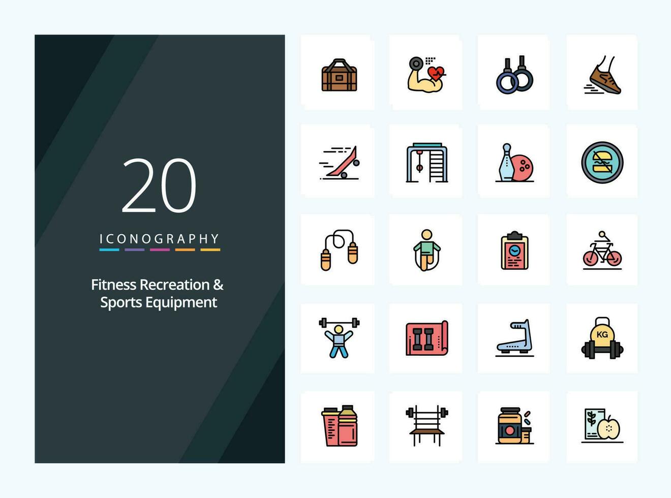 20 Fitness Recreation And Sports Equipment line Filled icon for presentation vector