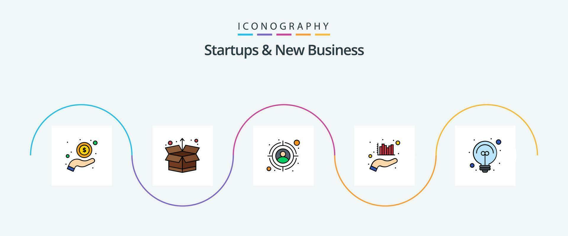 Startups And New Business Line Filled Flat 5 Icon Pack Including light. bulb. target. marketing. graph vector