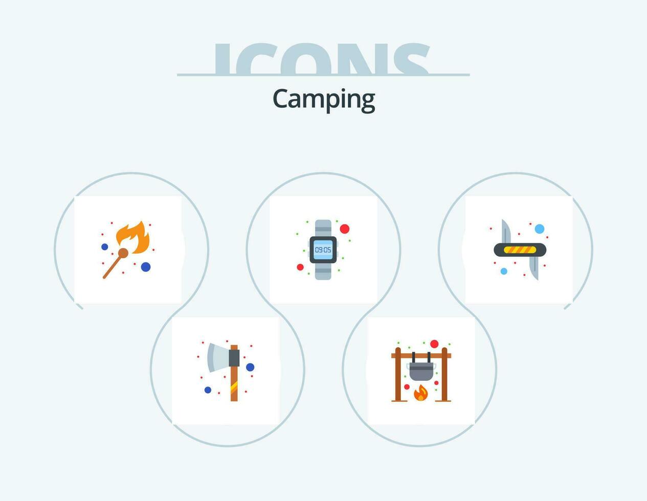Camping Flat Icon Pack 5 Icon Design. victorinox. hand watch. fire. watch. digital vector