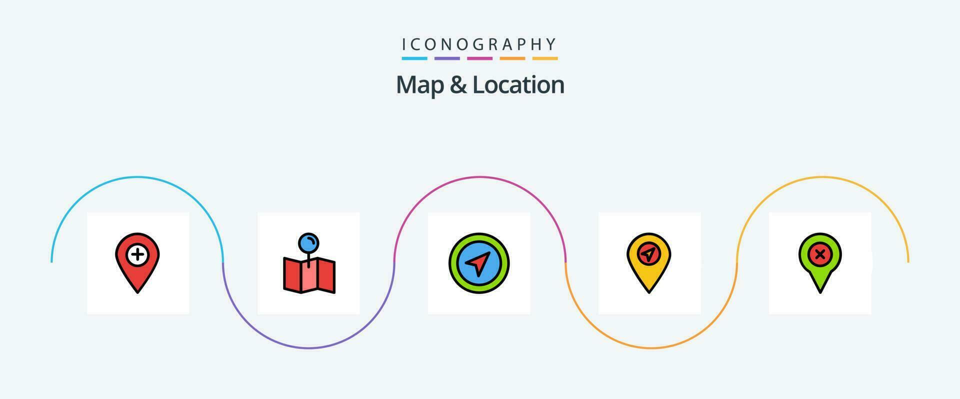 Map and Location Line Filled Flat 5 Icon Pack Including . map. pin. location. add vector