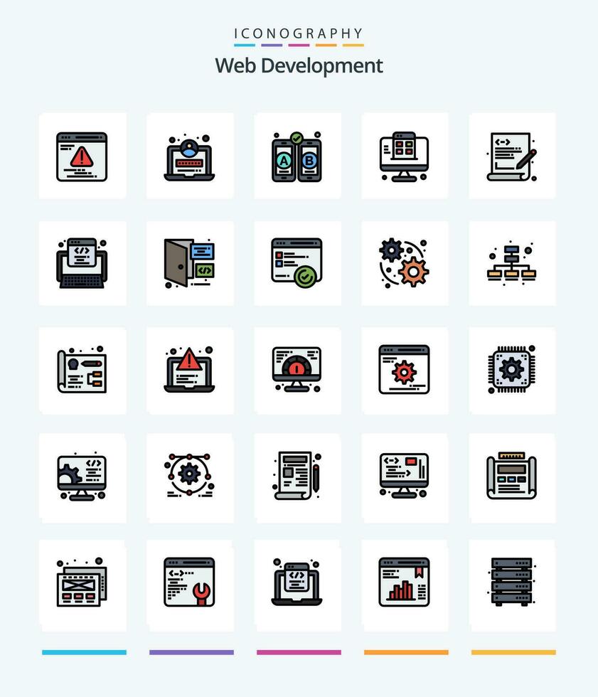 Creative Web Development 25 Line FIlled icon pack  Such As code. programming. mobile. language. app vector