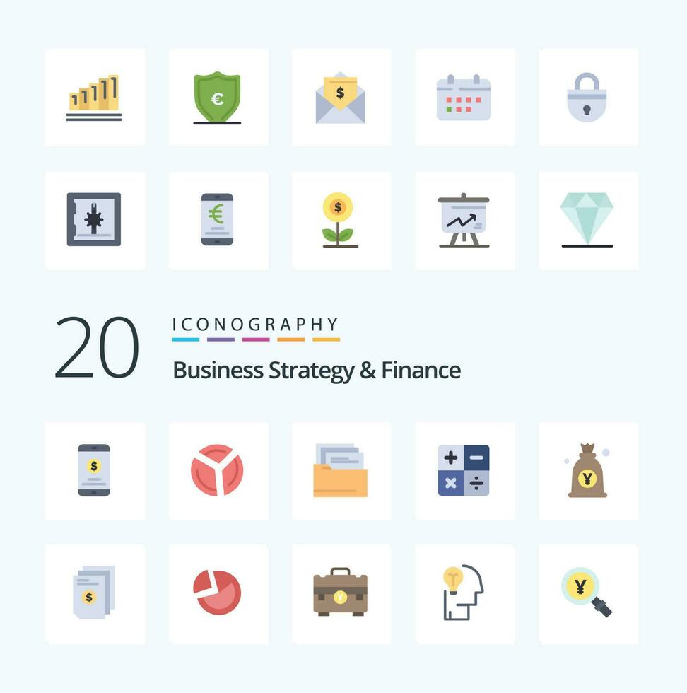 20 Business Strategy And Finance Flat Color icon Pack like japanese yen analytics math calculate vector