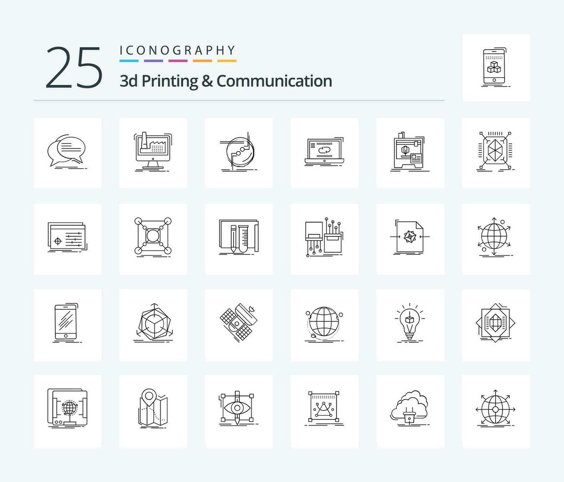 3d Printing And Communication 25 Line icon pack including link. communication. production. wire. connection vector